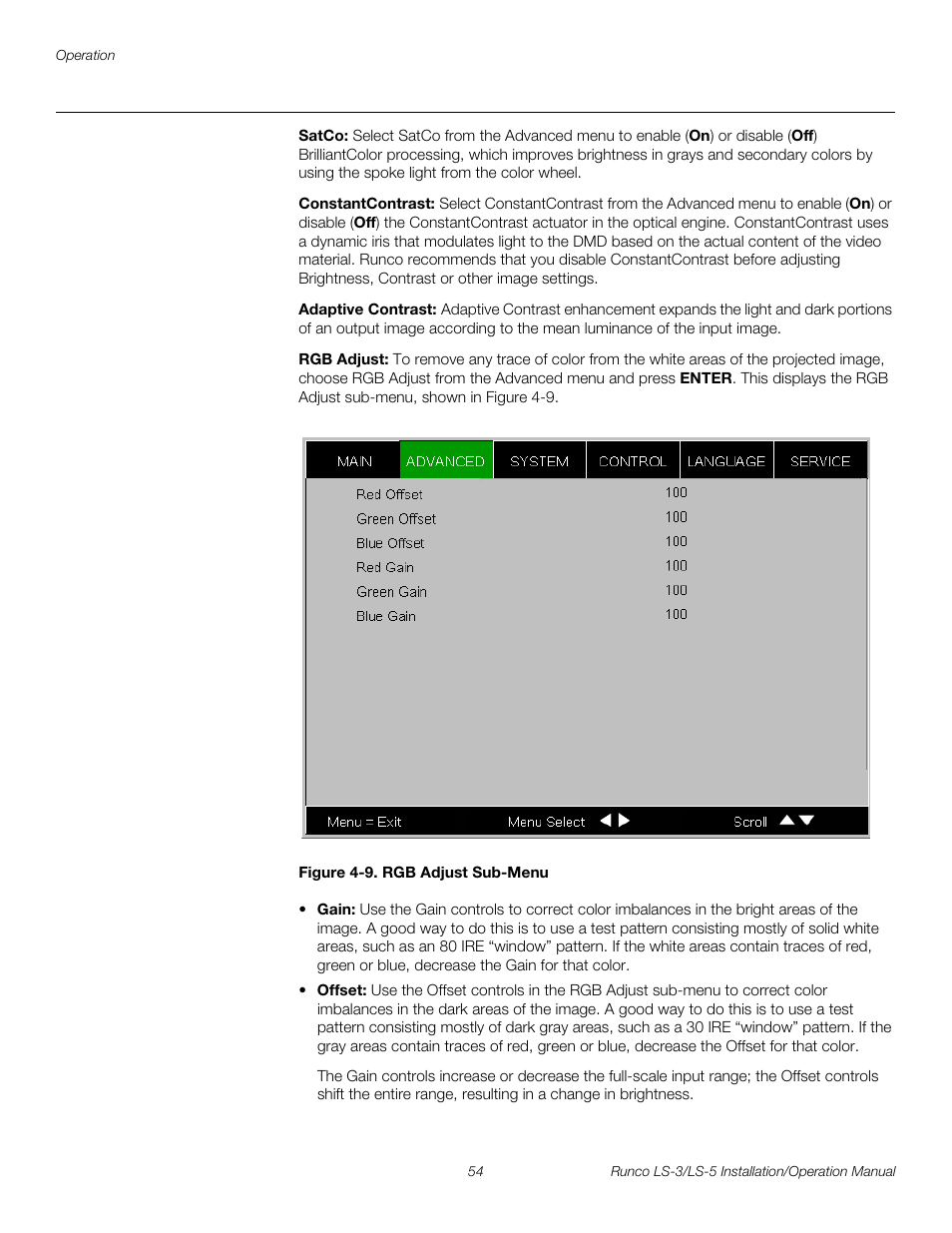 Satco, Constantcontrast, Adaptive contrast | Rgb adjust, Figure 4-9 . rgb adjust sub-menu, 9. rgb adjust sub-menu, Pre l iminar y | Runco LIGHTSTYLE LS-3 User Manual | Page 70 / 105