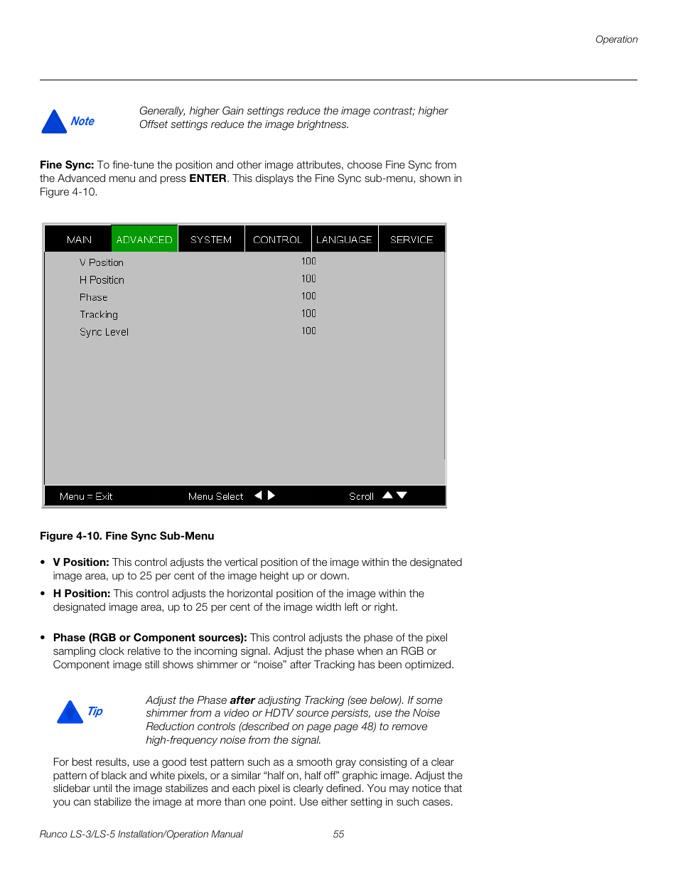 Fine sync, Figure 4-10 . fine sync sub-menu, 10. fine sync sub-menu | Pre l iminar y | Runco LIGHTSTYLE LS-3 User Manual | Page 71 / 105