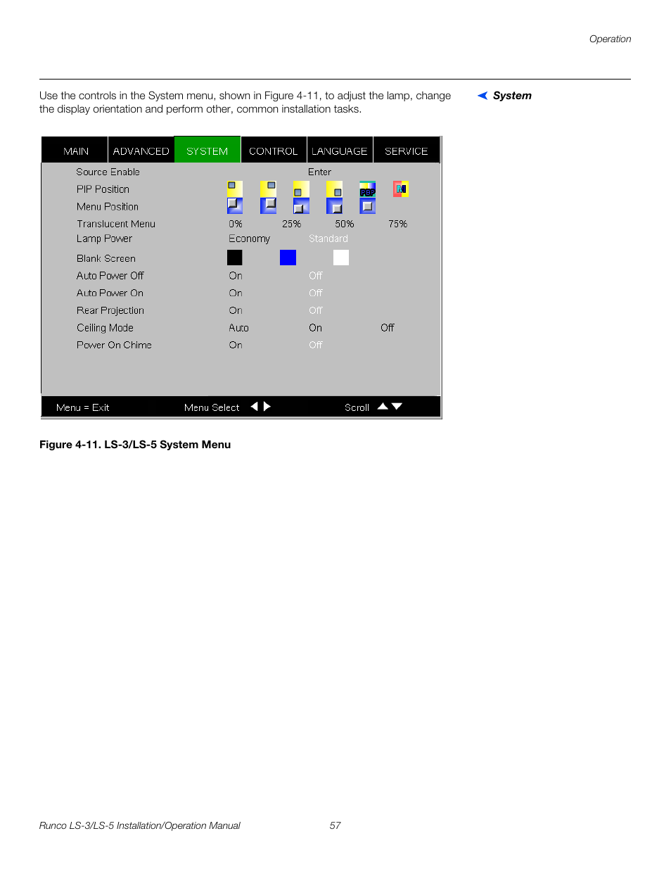 System, Figure 4-11 . ls-3/ls-5 system menu, 11. ls-3/ls-5 system menu | System fro, Pre l iminar y | Runco LIGHTSTYLE LS-3 User Manual | Page 73 / 105