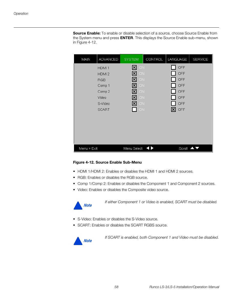 Source enable, Figure 4-12 . source enable sub-menu, 12. source enable sub-menu | Er to, Pre l iminar y | Runco LIGHTSTYLE LS-3 User Manual | Page 74 / 105