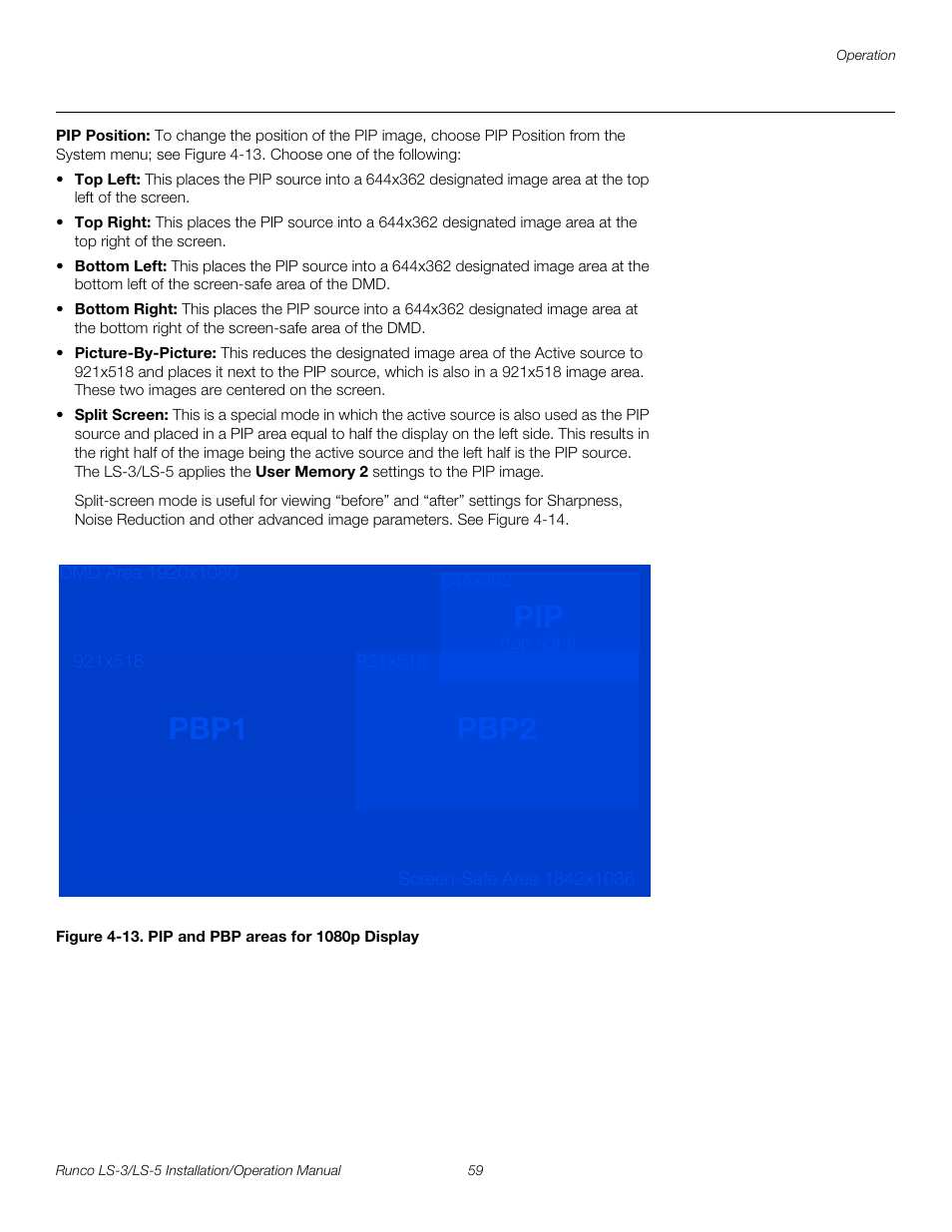 Pip position, Figure 4-13 . pip and pbp areas for 1080p display, 13. pip and pbp areas for 1080p display | Pre l iminar y, Pbp2 pbp1 | Runco LIGHTSTYLE LS-3 User Manual | Page 75 / 105