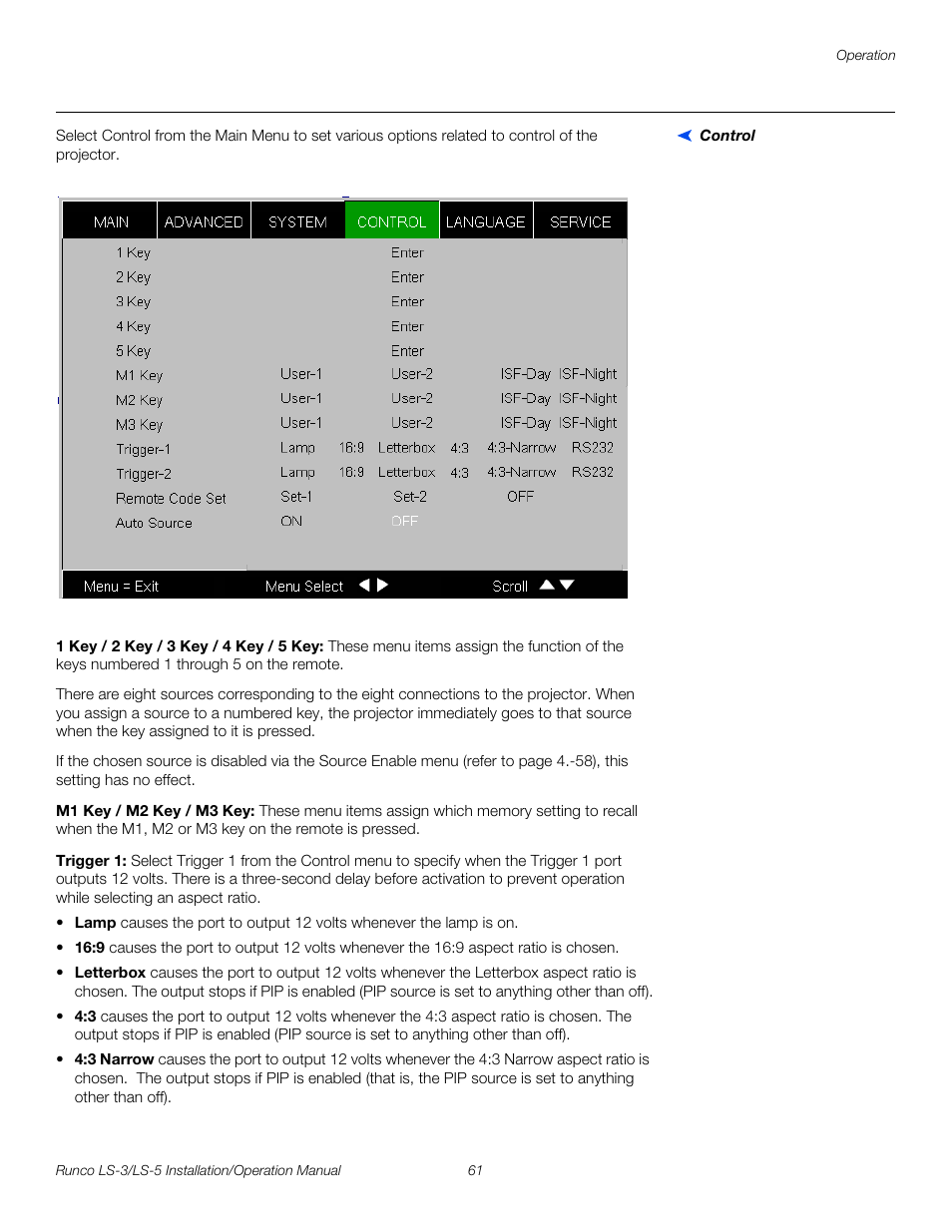 Control, 1 key / 2 key / 3 key / 4 key / 5 key, M1 key / m2 key / m3 key | Trigger 1, Pre l iminar y | Runco LIGHTSTYLE LS-3 User Manual | Page 77 / 105