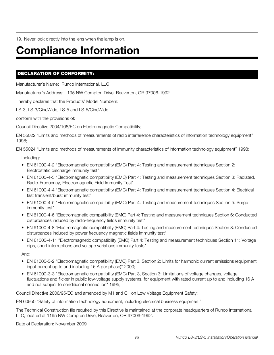 Compliance information, Pre l iminar y | Runco LIGHTSTYLE LS-3 User Manual | Page 8 / 105