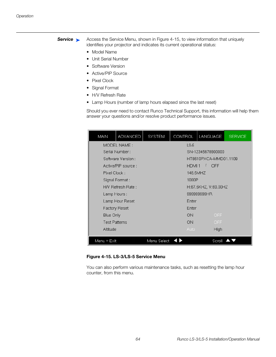 Service, Figure 4-15 . ls-3/ls-5 service menu, 15. ls-3/ls-5 service menu | Pre l iminar y | Runco LIGHTSTYLE LS-3 User Manual | Page 80 / 105