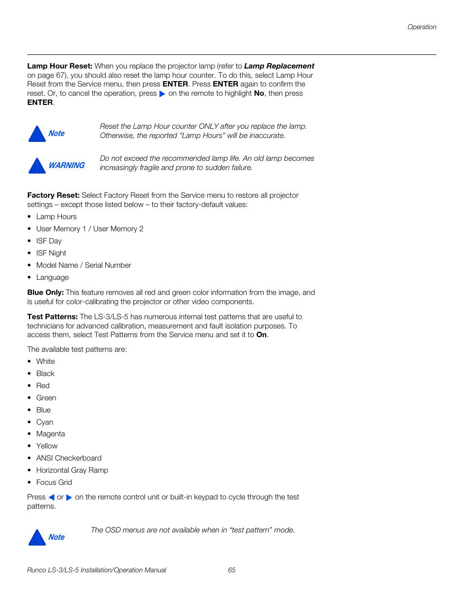 Lamp hour reset, Factory reset, Blue only | Test patterns, Pre l iminar y | Runco LIGHTSTYLE LS-3 User Manual | Page 81 / 105