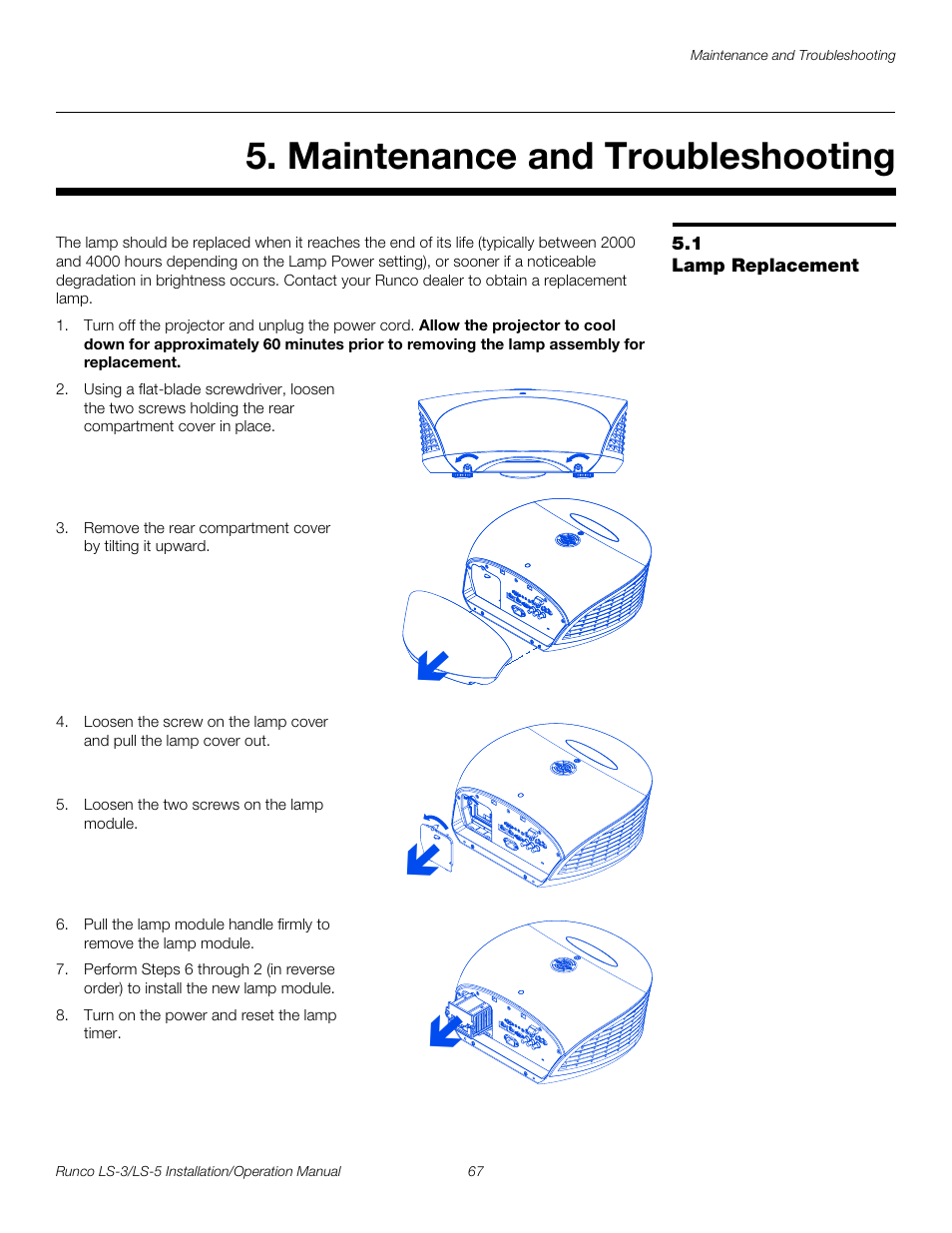 Maintenance and troubleshooting, 1 lamp replacement, Lamp replacement | Pre l iminar y | Runco LIGHTSTYLE LS-3 User Manual | Page 83 / 105