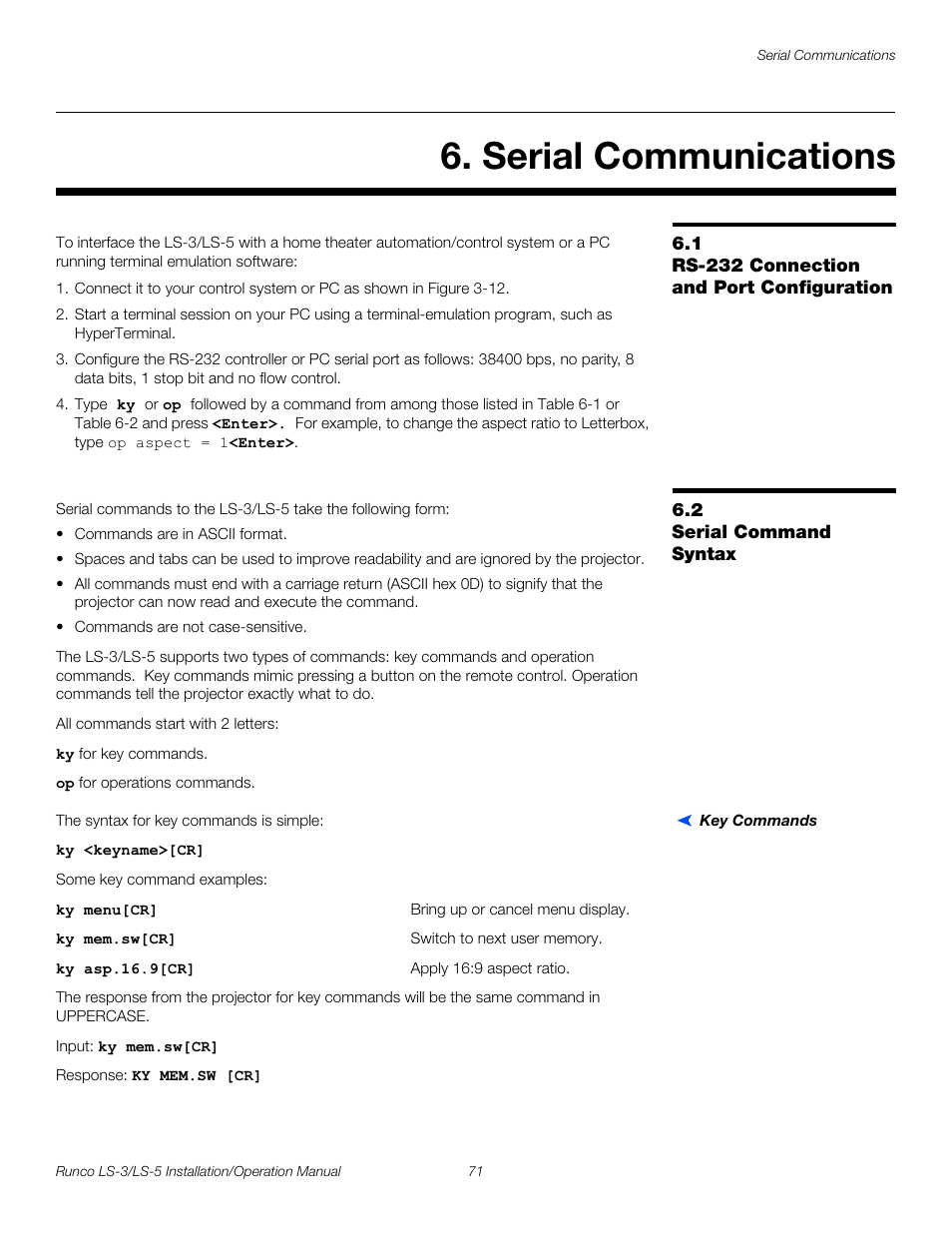 Serial communications, 1 rs-232 connection and port configuration, 2 serial command syntax | Key commands, Rs-232 connection and port configuration, Serial command syntax, Pre l iminar y | Runco LIGHTSTYLE LS-3 User Manual | Page 87 / 105