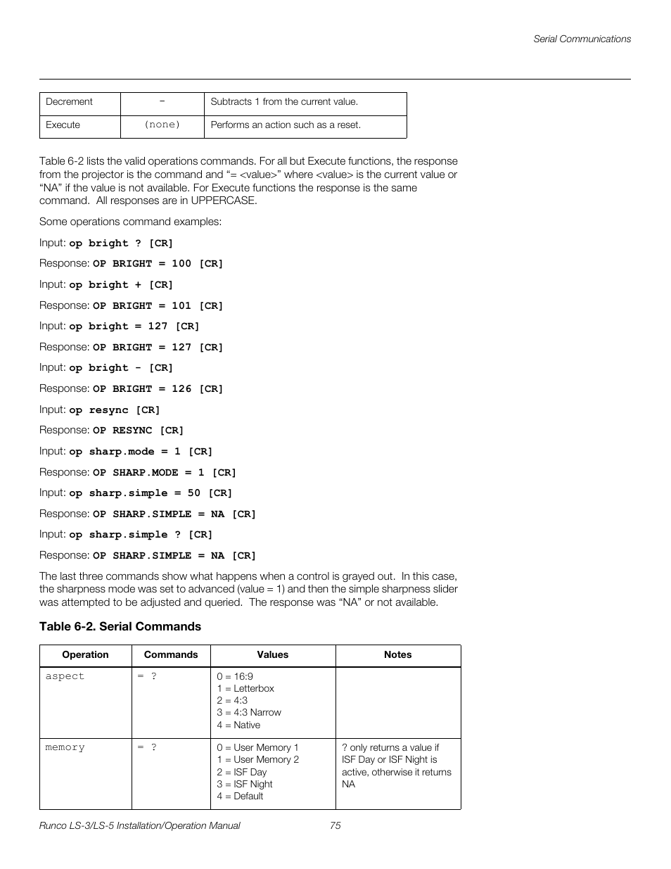 Table 6-2 . serial commands, Table 6-2 an, Pre l iminar y | Runco LIGHTSTYLE LS-3 User Manual | Page 91 / 105