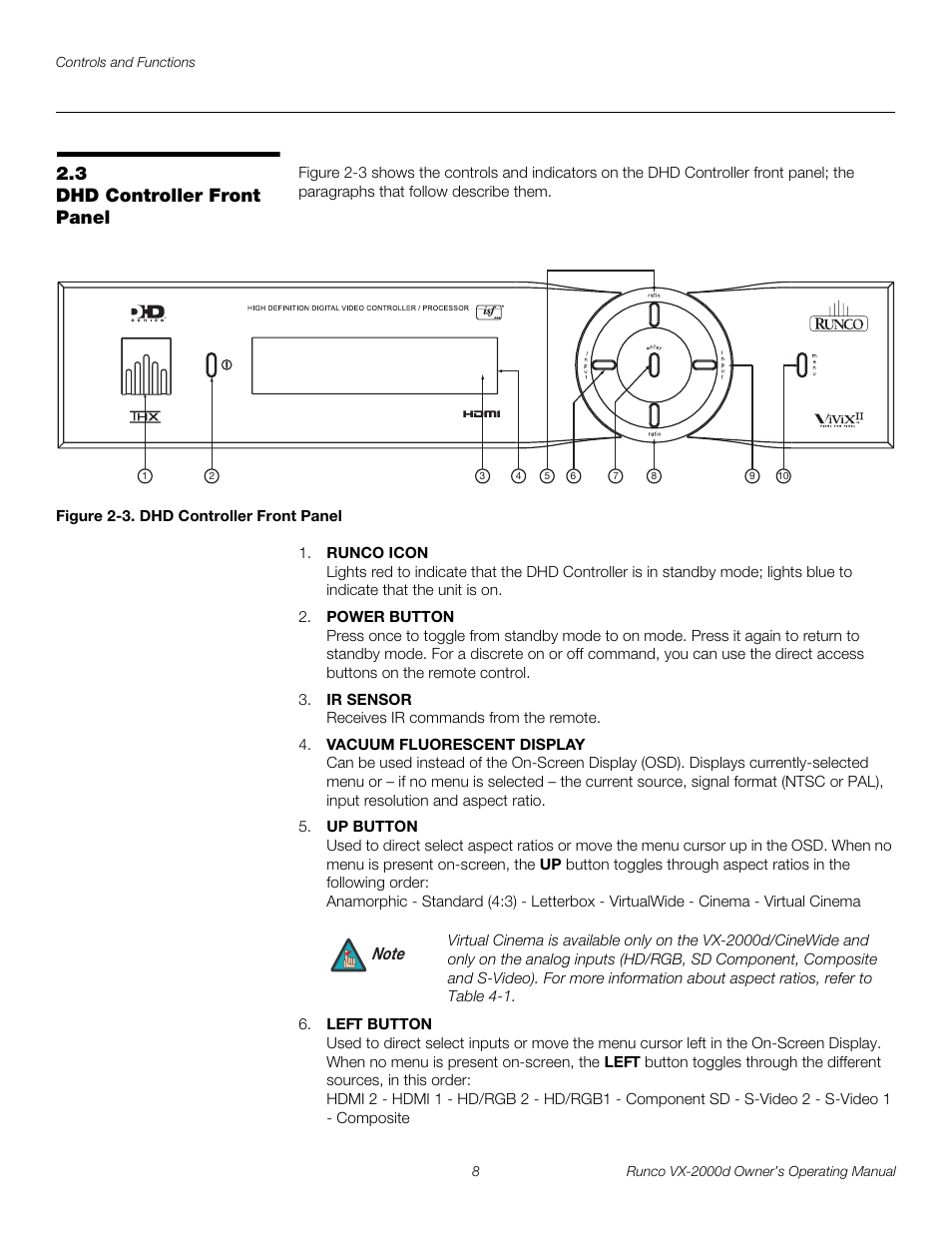 3 dhd controller front panel, Figure 2-3 . dhd controller front panel, Dhd controller front panel | 3. dhd controller front panel, Pre l iminar y | Runco Video Xtreme VX-2000d User Manual | Page 20 / 90