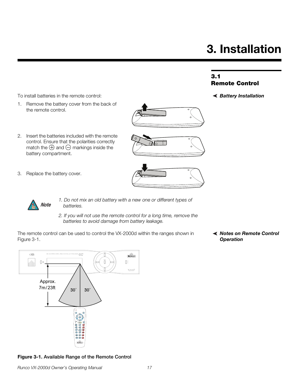 Installation, 1 remote control, Battery installation | Notes on remote control operation, Figure 3-1 . available range of the remote control, Remote control, 1. available range of the remote control, Pre l iminar y | Runco Video Xtreme VX-2000d User Manual | Page 29 / 90