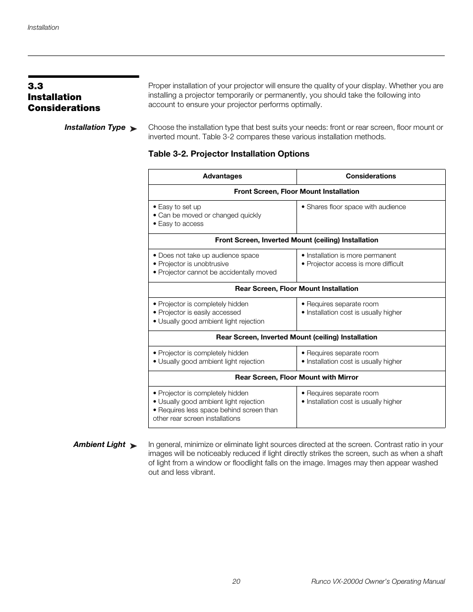 3 installation considerations, Installation type, Table 3-2 . projector installation options | Ambient light, Installation considerations, Pre l iminar y | Runco Video Xtreme VX-2000d User Manual | Page 32 / 90