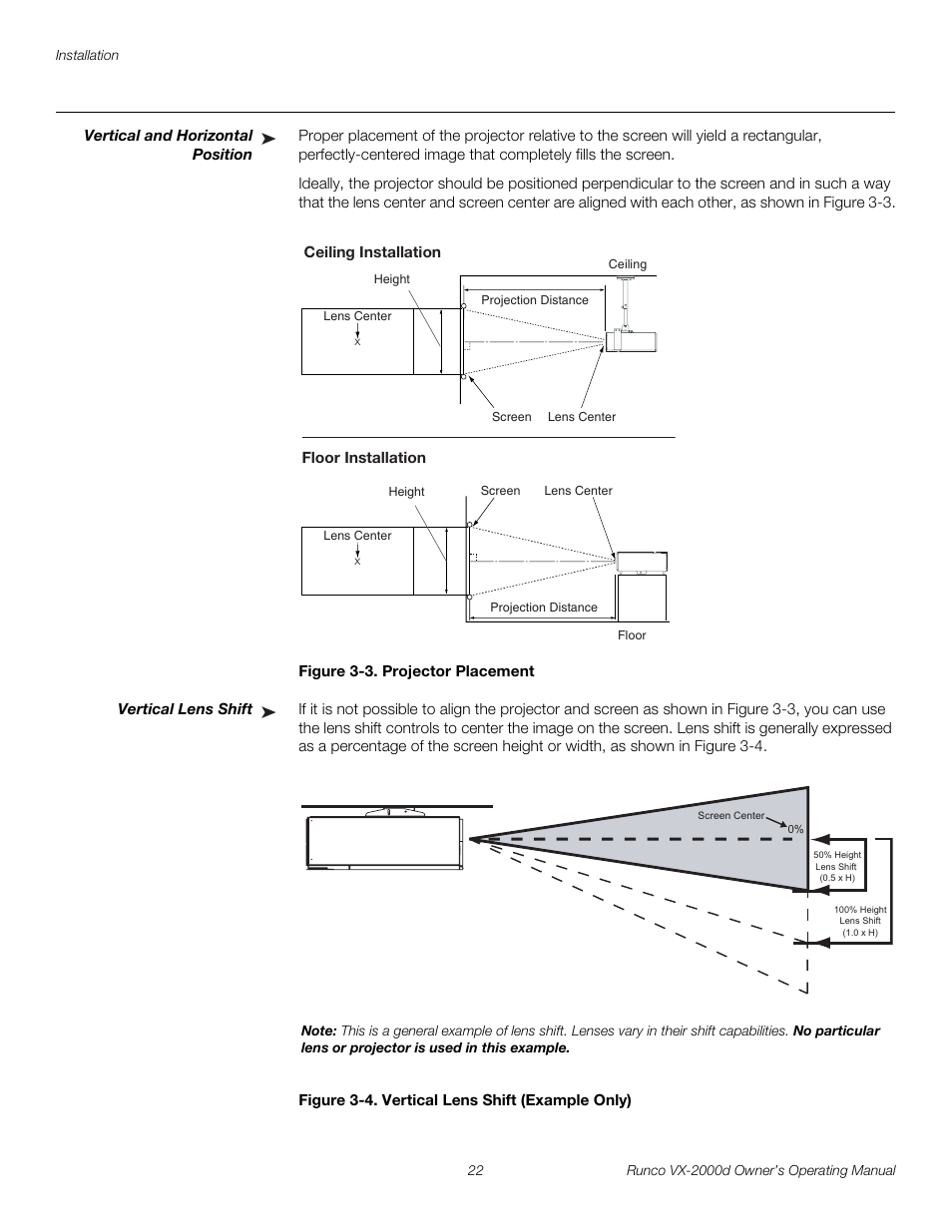 Vertical and horizontal position, Figure 3-3 . projector placement, Vertical lens shift | Figure 3-4 . vertical lens shift (example only), 3. projector placement, 4. vertical lens shift (example only), Pre l iminar y | Runco Video Xtreme VX-2000d User Manual | Page 34 / 90