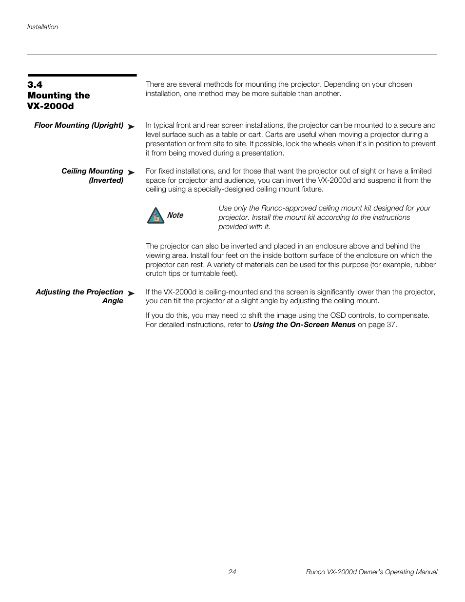 4 mounting the vx-2000d, Floor mounting (upright), Ceiling mounting (inverted) | Adjusting the projection angle, Mounting the vx-2000d, Pre l iminar y | Runco Video Xtreme VX-2000d User Manual | Page 36 / 90