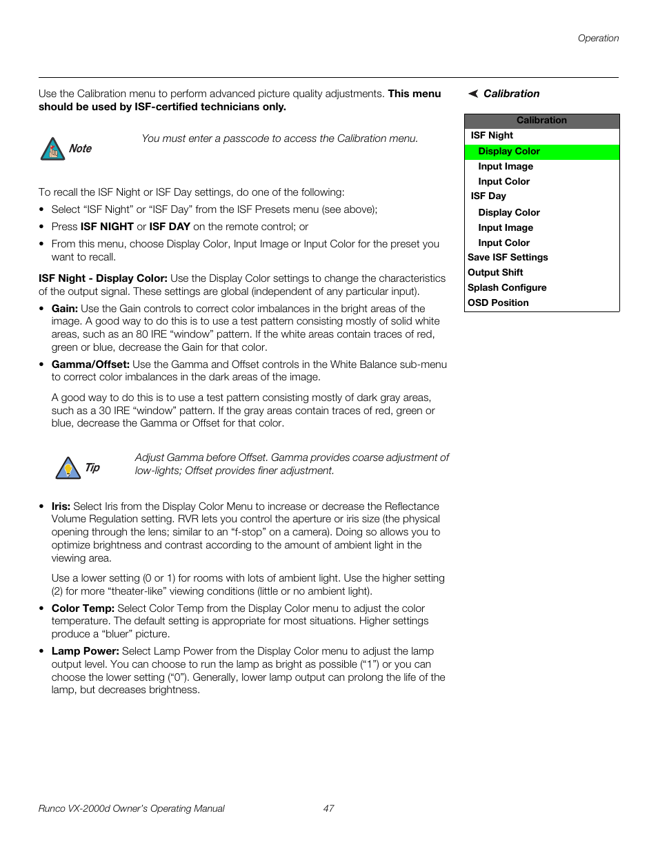 Calibration, Isf night - display color, Pre l iminar y | Runco Video Xtreme VX-2000d User Manual | Page 59 / 90