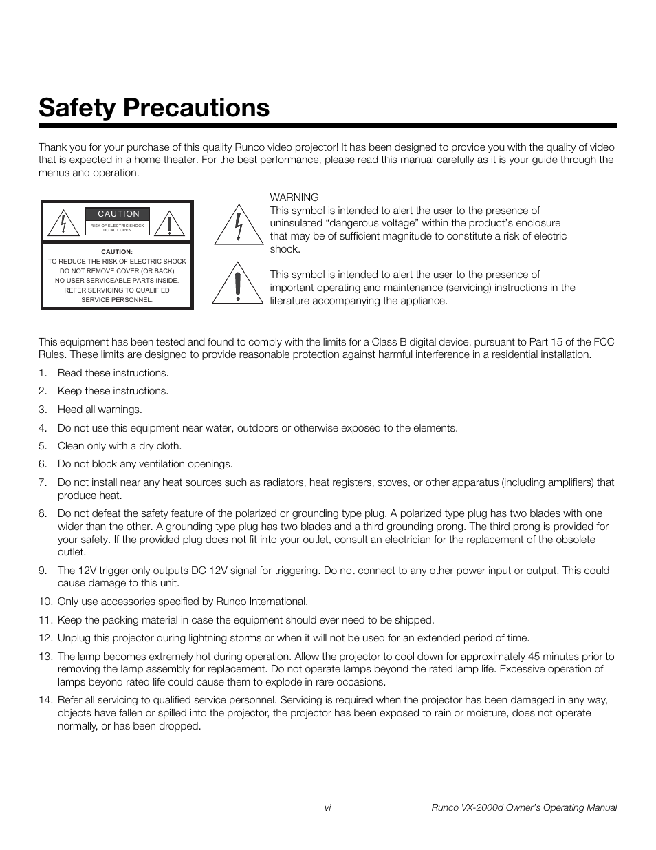 Safety precautions, Pre l iminar y | Runco Video Xtreme VX-2000d User Manual | Page 6 / 90