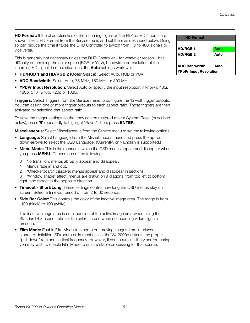 Hd format, Triggers, Miscellaneous | Pre l iminar y | Runco Video Xtreme VX-2000d User Manual | Page 63 / 90