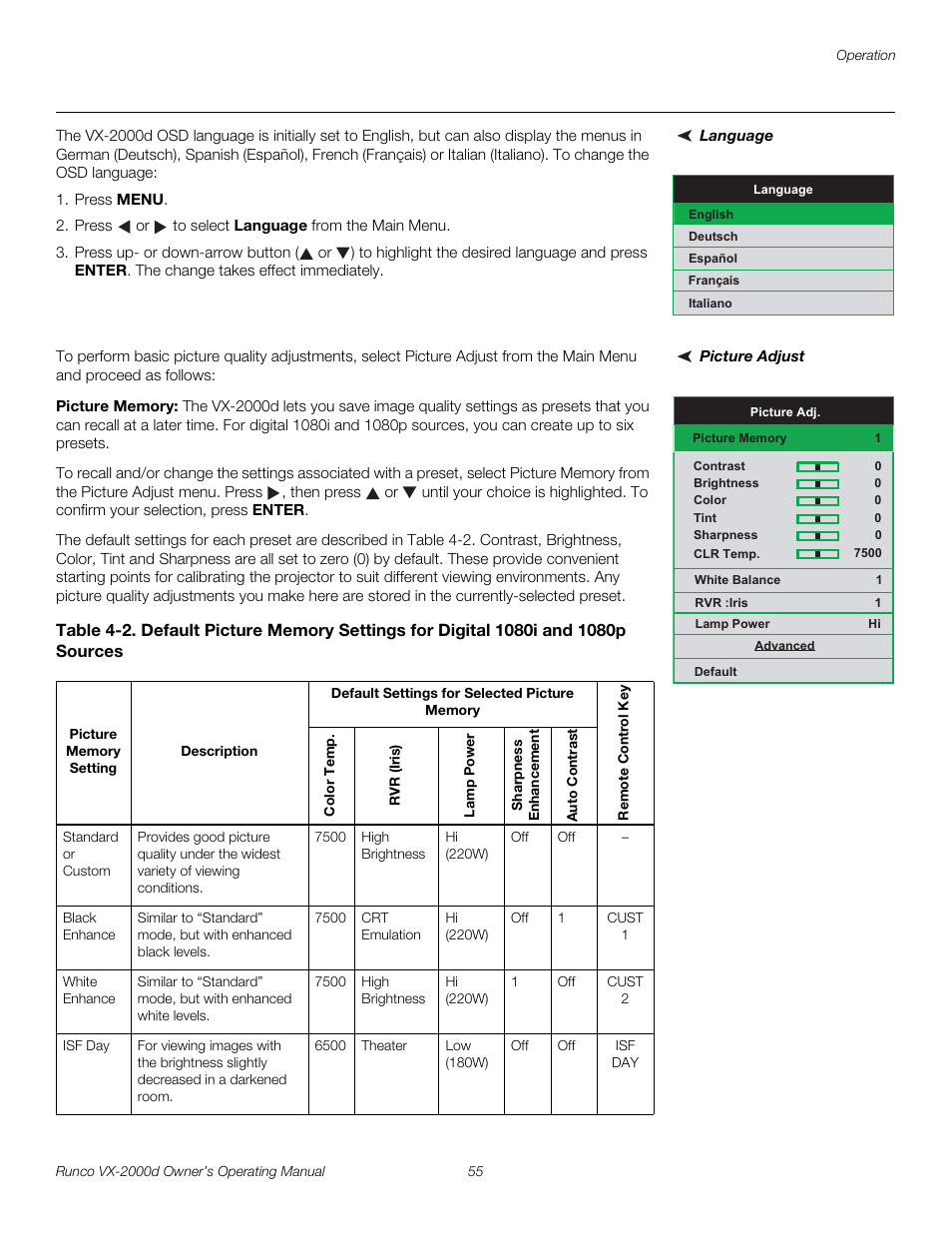 Language, Picture adjust, Picture memory | Pre l iminar y | Runco Video Xtreme VX-2000d User Manual | Page 67 / 90