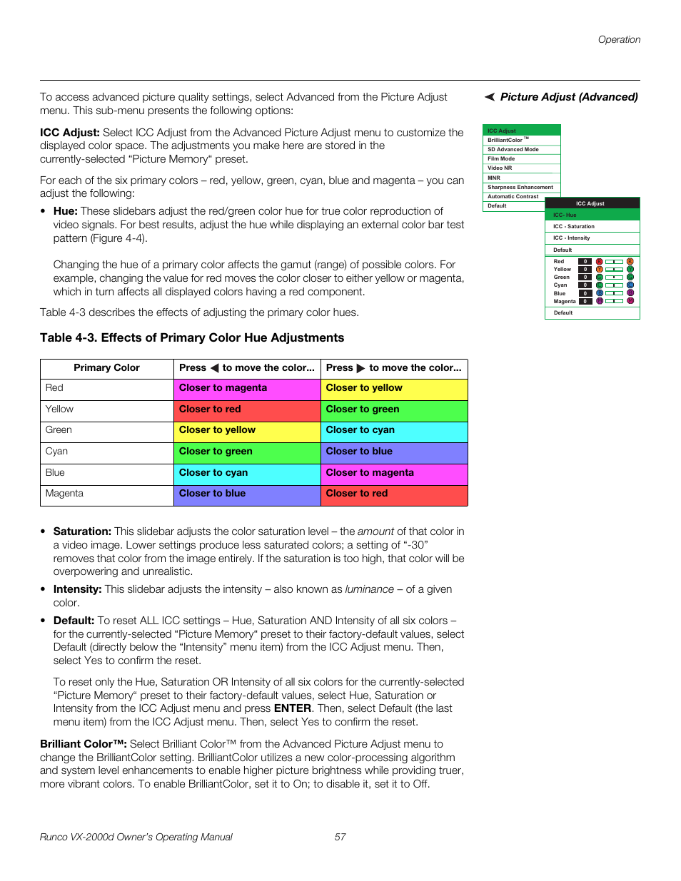 Picture adjust (advanced), Icc adjust, Brilliant color | Pre l iminar y | Runco Video Xtreme VX-2000d User Manual | Page 69 / 90