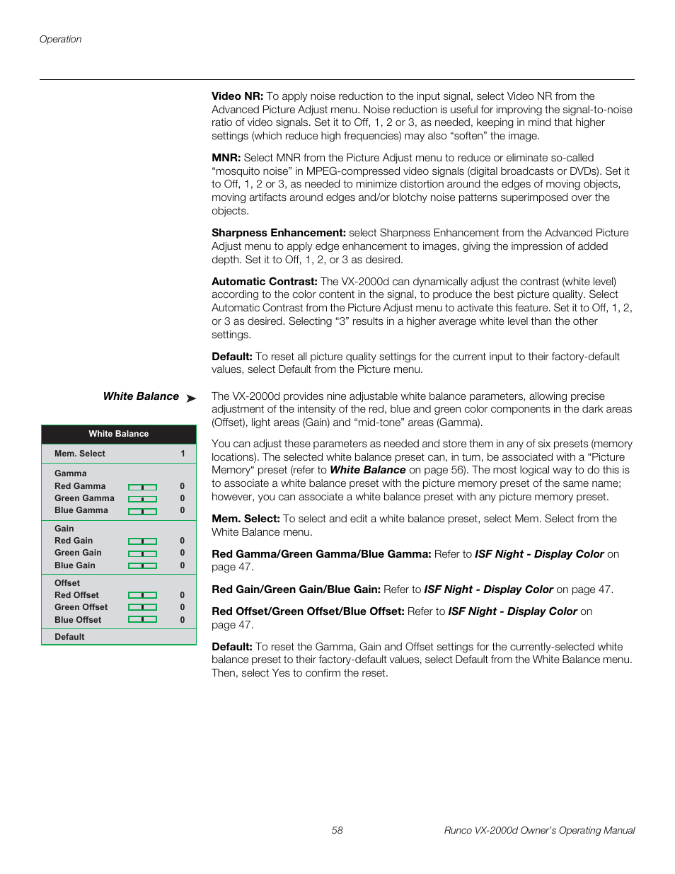 Video nr, Sharpness enhancement, Automatic contrast | Default, White balance, Mem. select, Red gamma/green gamma/blue gamma, Red gain/green gain/blue gain, Red offset/green offset/blue offset, Pre l iminar y | Runco Video Xtreme VX-2000d User Manual | Page 70 / 90