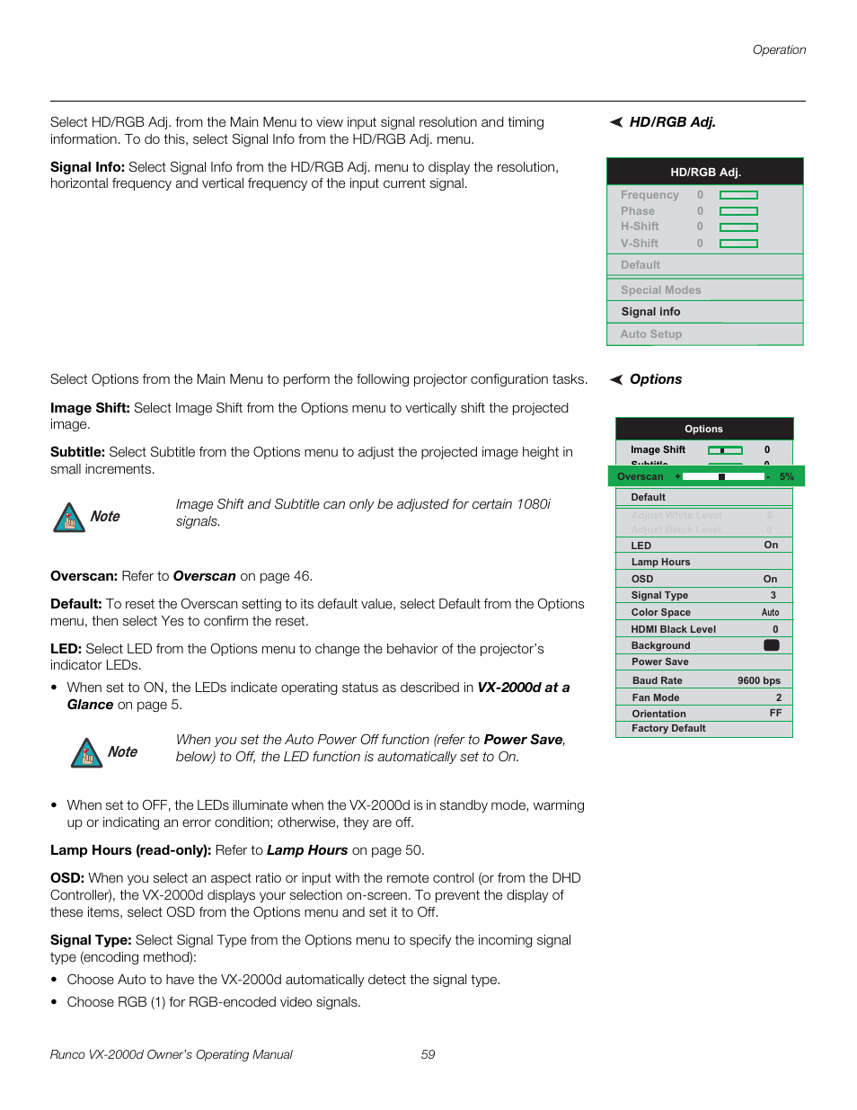 Hd/rgb adj, Signal info, Options | Image shift, Subtitle, Overscan, Default, Lamp hours (read-only), Signal type, Pre l iminar y | Runco Video Xtreme VX-2000d User Manual | Page 71 / 90