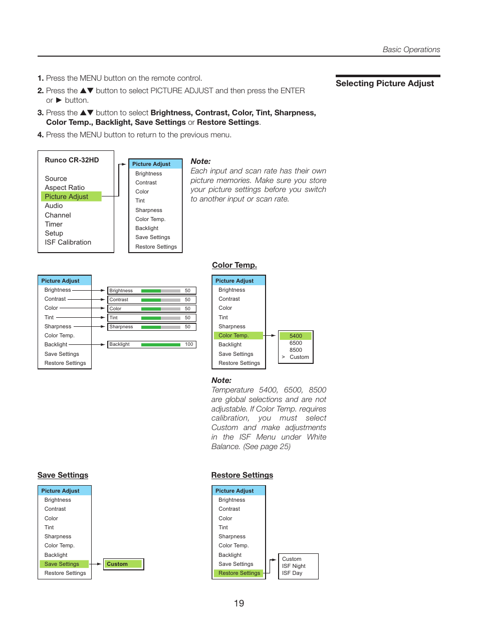 Selecting picture adjust | Runco CR-40HD User Manual | Page 19 / 41