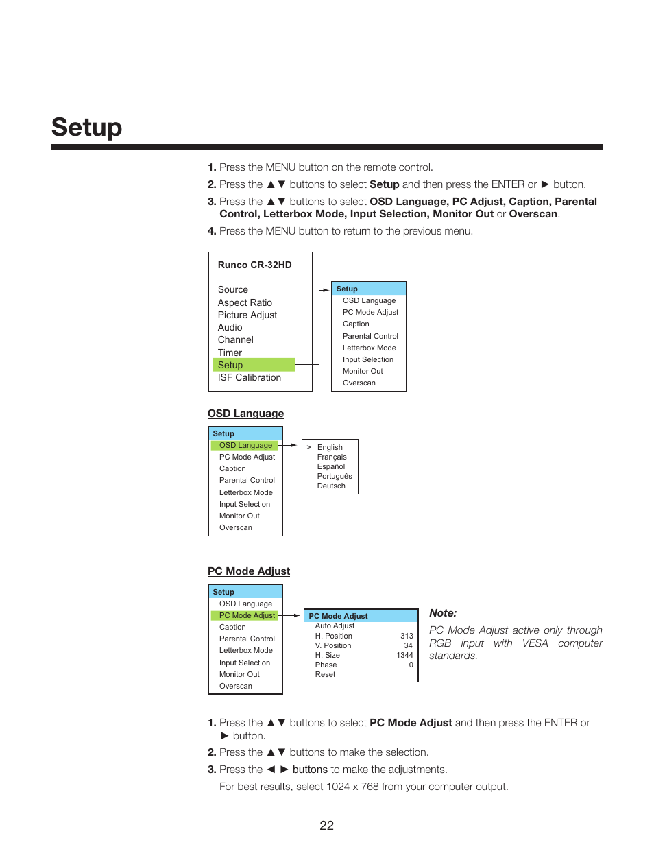 Setup | Runco CR-40HD User Manual | Page 22 / 41