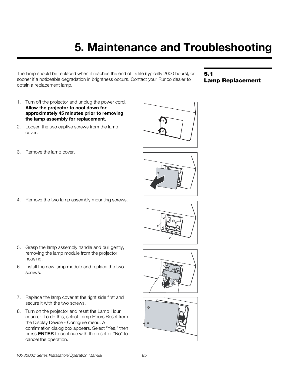 Maintenance and troubleshooting, 1 lamp replacement, Lamp replacement | Lamp, Pre l iminar y | Runco CINEWIDETM VX-3000D User Manual | Page 101 / 124