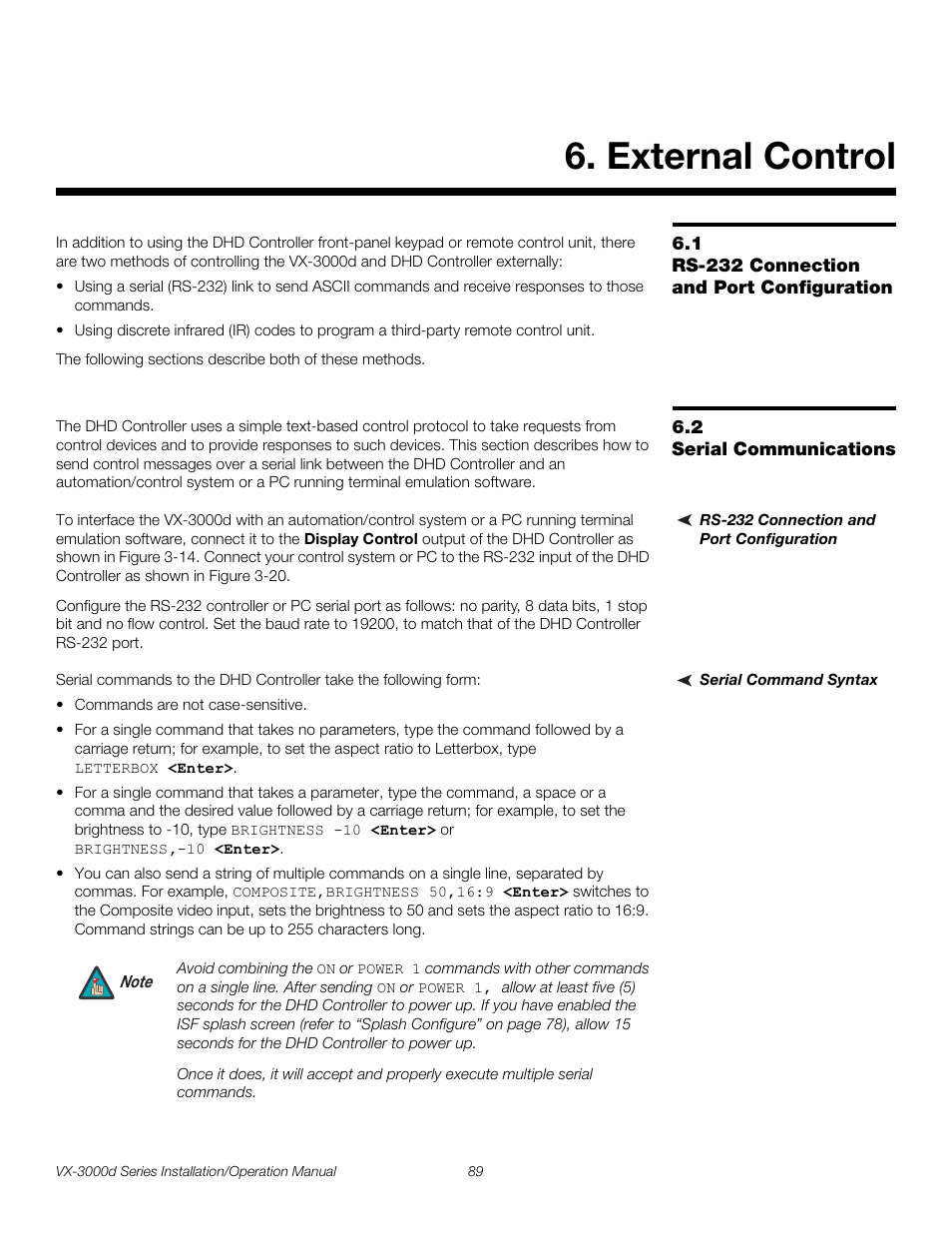 External control, 1 rs-232 connection and port configuration, 2 serial communications | Rs-232 connection and port configuration, Serial command syntax, Iminar, Serial communications, Pre l iminar y | Runco CINEWIDETM VX-3000D User Manual | Page 105 / 124