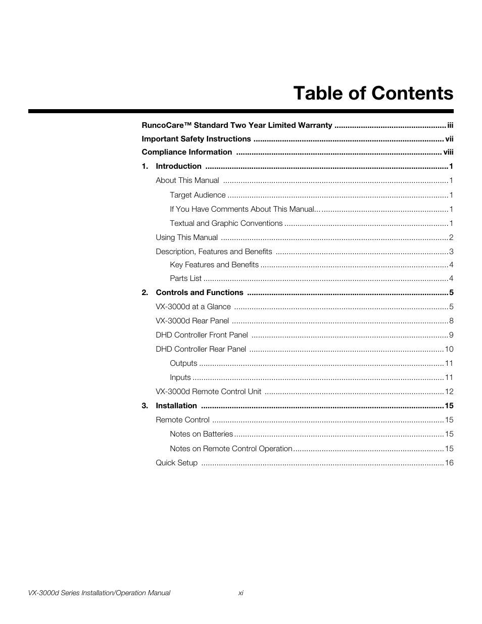 Runco CINEWIDETM VX-3000D User Manual | Page 11 / 124