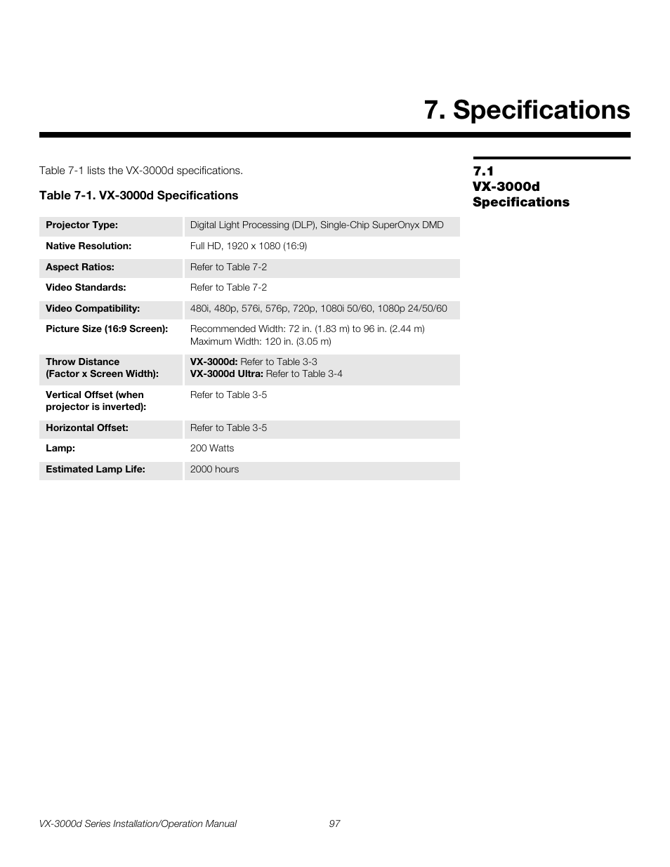 Specifications, 1 vx-3000d specifications, Table 7-1 . vx-3000d specifications | Vx-3000d specifications, Pre l iminar y | Runco CINEWIDETM VX-3000D User Manual | Page 113 / 124