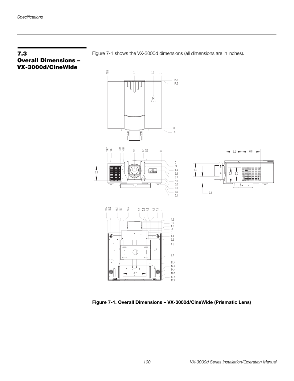 3 overall dimensions - vx-3000d/cinewide, Overall dimensions – vx-3000d/cinewide, E figure 7-1 | Preli m inary | Runco CINEWIDETM VX-3000D User Manual | Page 116 / 124