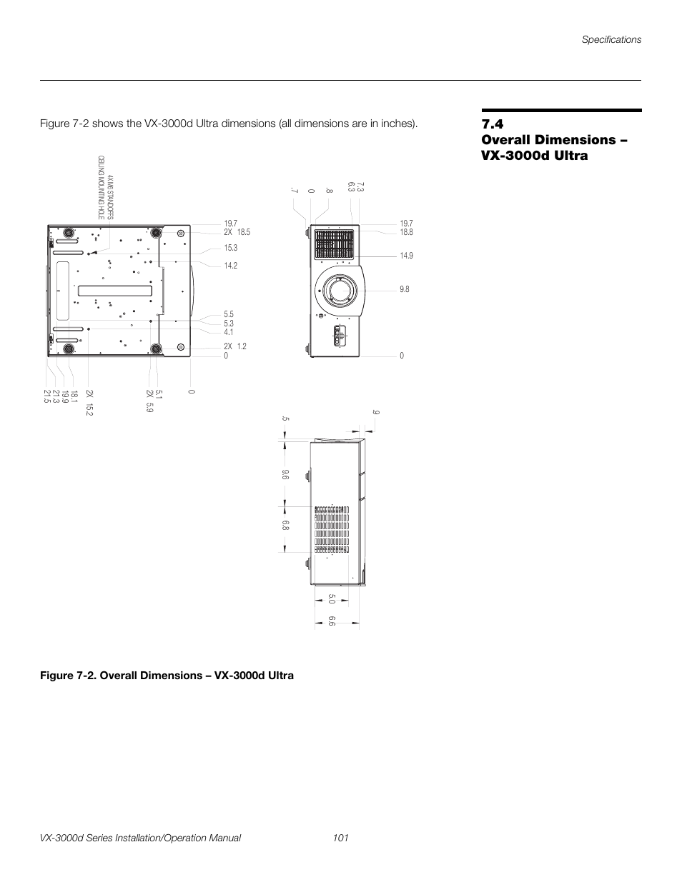 4 overall dimensions - vx-3000d ultra, Figure 7-2 . overall dimensions - vx-3000d ultra, Overall dimensions – vx-3000d ultra | 2. overall dimensions – vx-3000d ultra, Figure 7-2, Pre l iminar y | Runco CINEWIDETM VX-3000D User Manual | Page 117 / 124