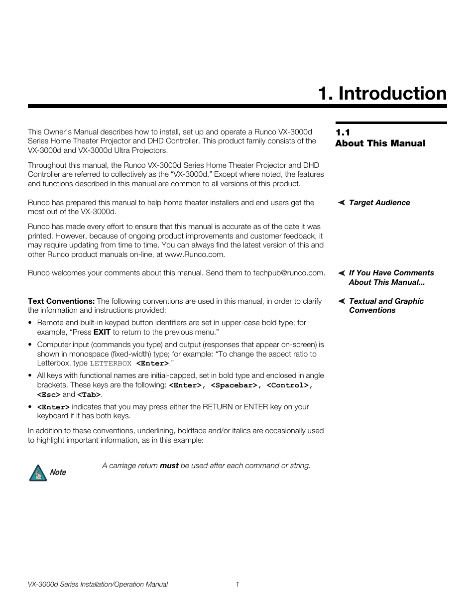 Introduction, 1 about this manual, Target audience | If you have comments about this manual, Textual and graphic conventions, Text conventions, About this manual, Pre l iminar y | Runco CINEWIDETM VX-3000D User Manual | Page 17 / 124