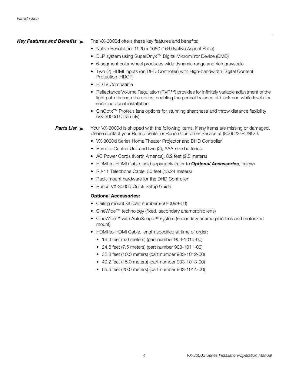 Key features and benefits, Parts list, Optional accessories | Pre l iminar y | Runco CINEWIDETM VX-3000D User Manual | Page 20 / 124