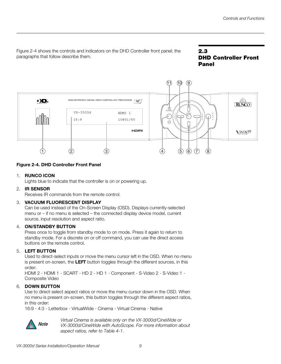 3 dhd controller front panel, Figure 2-4 . dhd controller front panel, 4. dhd controller front panel | Pre l iminar y | Runco CINEWIDETM VX-3000D User Manual | Page 25 / 124