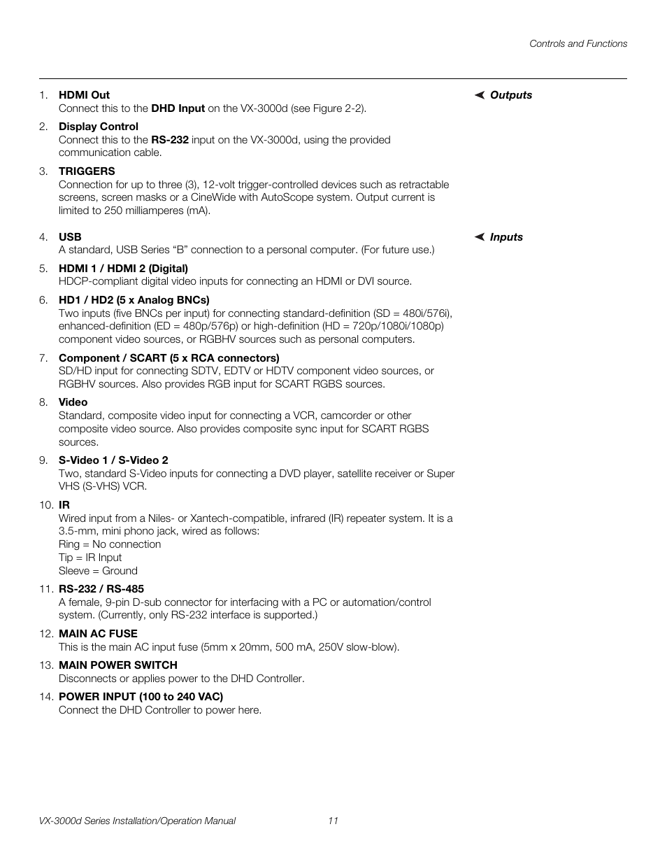 Outputs, Inputs, Pre l iminar y | Runco CINEWIDETM VX-3000D User Manual | Page 27 / 124