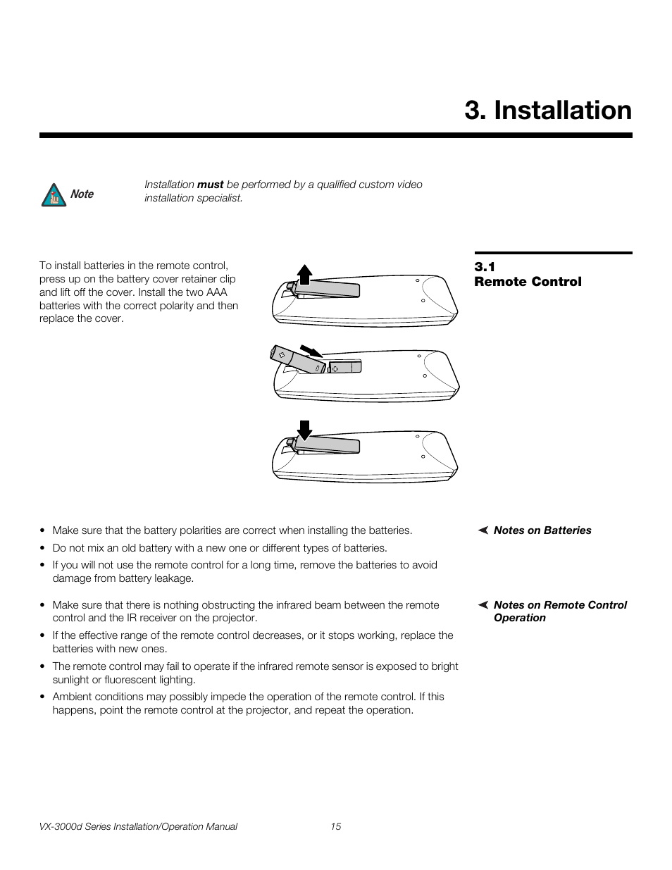 Installation, 1 remote control, Notes on batteries | Notes on remote control operation, Remote control, Pre l iminar y | Runco CINEWIDETM VX-3000D User Manual | Page 31 / 124