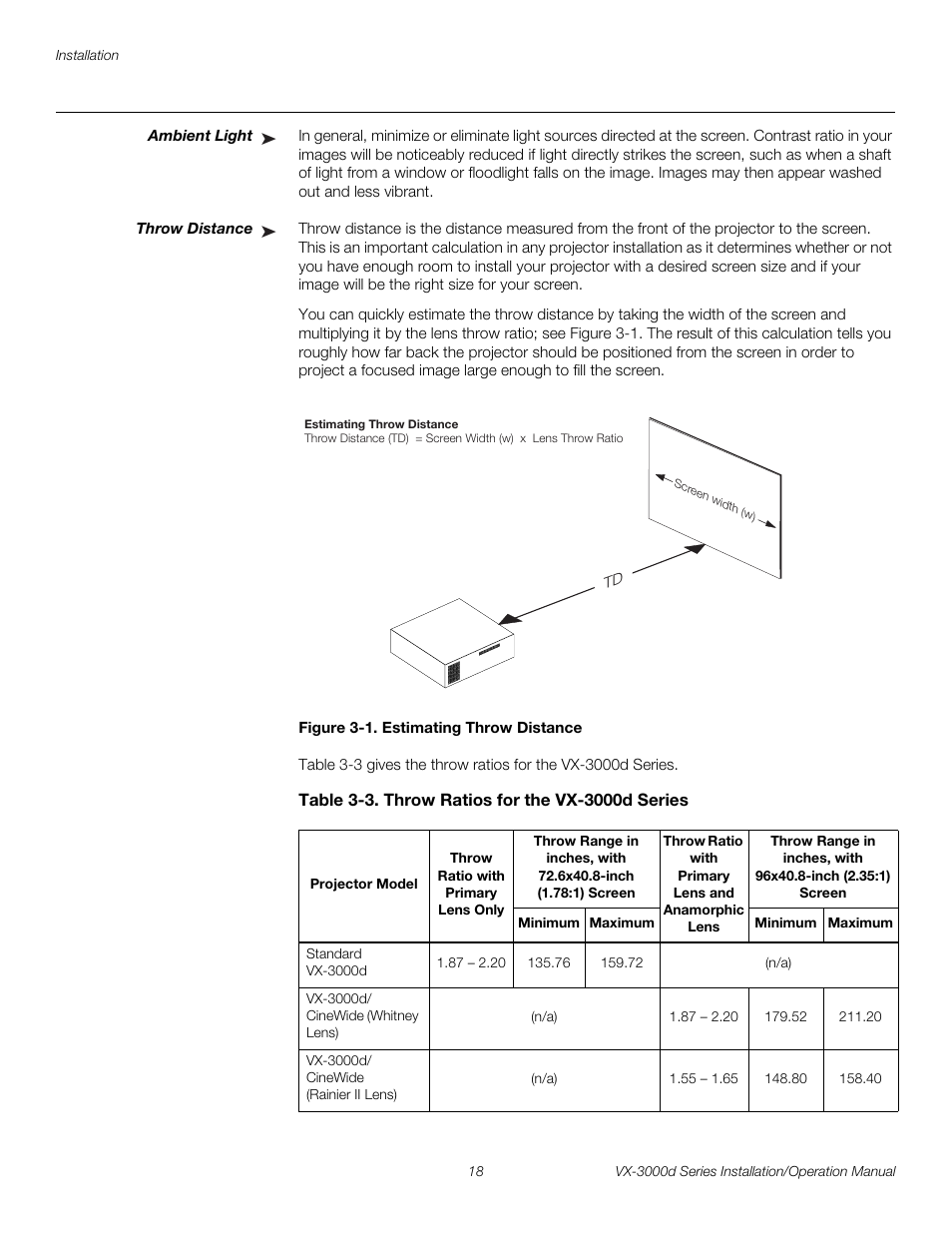 Ambient light, Throw distance, Figure 3-1 . estimating throw distance | Table 3-3 . throw ratios for the vx-3000d series, 1. estimating throw distance, Pre l iminar y | Runco CINEWIDETM VX-3000D User Manual | Page 34 / 124