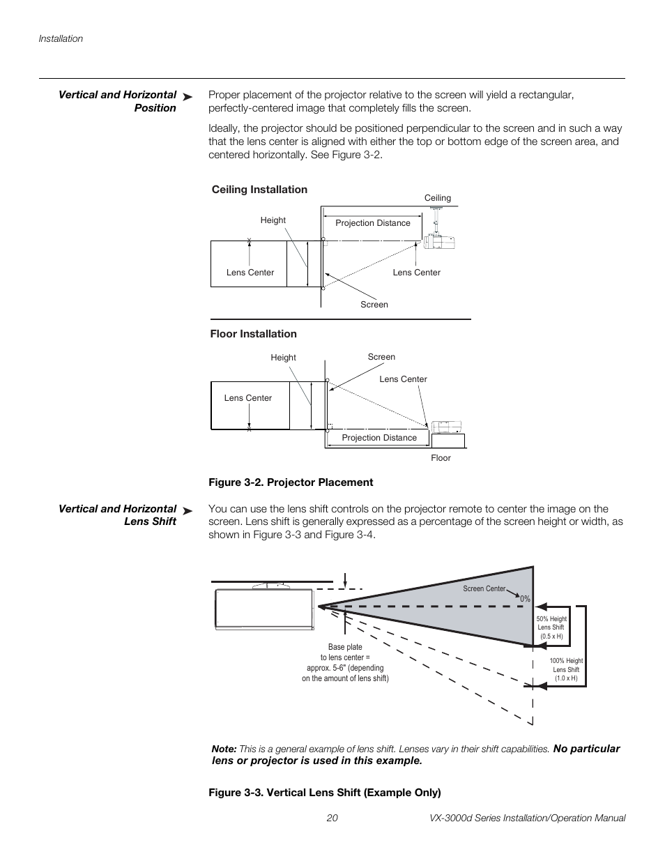 Vertical and horizontal position, Figure 3-2 . projector placement, Vertical and horizontal lens shift | Figure 3-3 . vertical lens shift (example only), 2. projector placement, 3. vertical lens shift (example only), Pre l iminar y | Runco CINEWIDETM VX-3000D User Manual | Page 36 / 124