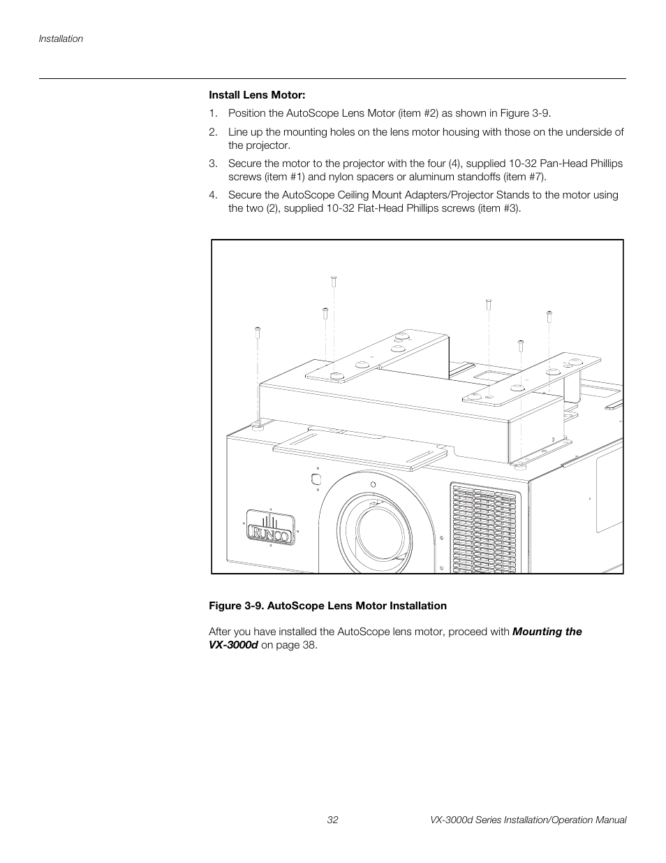 Install lens motor, Figure 3-9 . autoscope lens motor installation, 9. autoscope lens motor installation | Pre l iminar y | Runco CINEWIDETM VX-3000D User Manual | Page 48 / 124