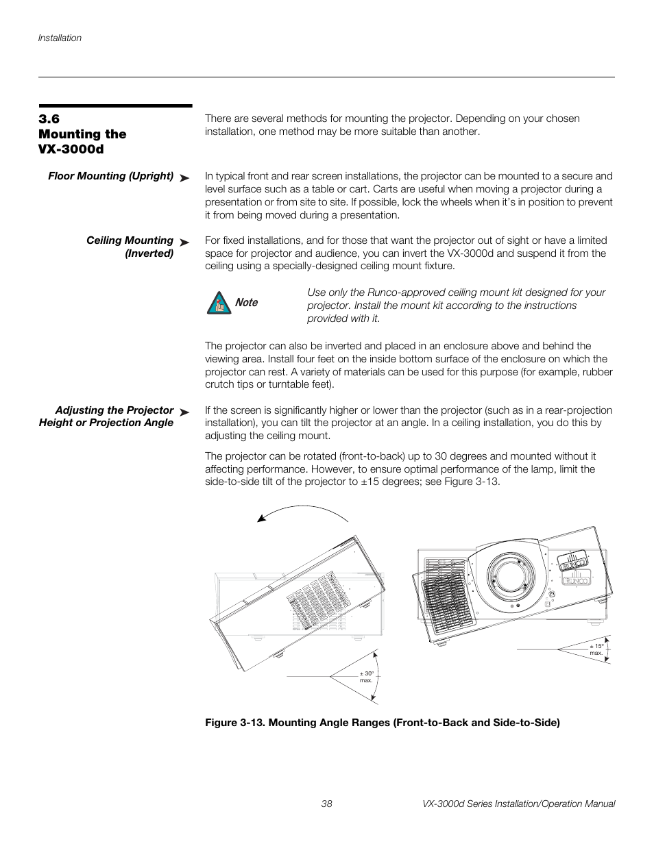 6 mounting the vx-3000d, Floor mounting (upright), Ceiling mounting (inverted) | Adjusting the projector height or projection angle, Iminar, Mounting the vx-3000d, Pre l iminar y | Runco CINEWIDETM VX-3000D User Manual | Page 54 / 124