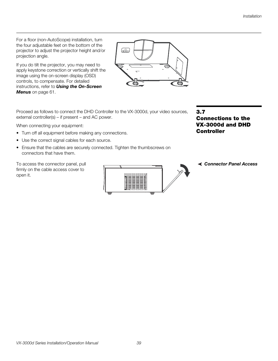 7 connections to the vx-3000d and dhd controller, Connector panel access, Connections to the vx-3000d and dhd controller | Pre l iminar y | Runco CINEWIDETM VX-3000D User Manual | Page 55 / 124