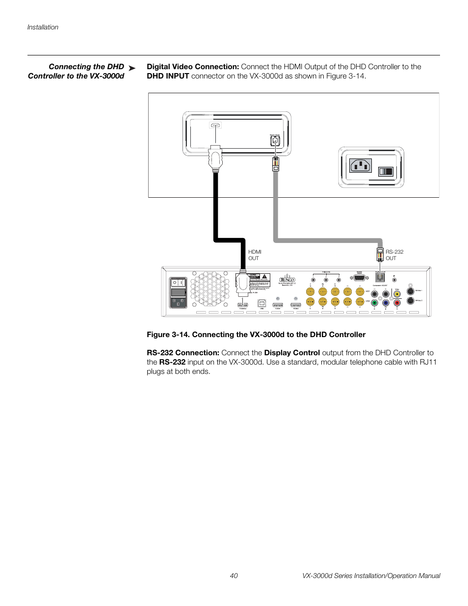 Connecting the dhd controller to the vx-3000d, Digital video connection, Rs-232 connection | 14. connecting the vx-3000d to the dhd controller, Pre l iminar y | Runco CINEWIDETM VX-3000D User Manual | Page 56 / 124