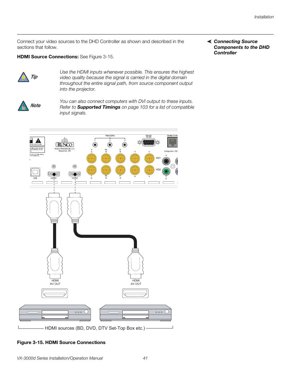 Connecting source components to the dhd controller, Hdmi source connections, Figure 3-15 . hdmi source connections | 15. hdmi source connections, Pre l iminar y | Runco CINEWIDETM VX-3000D User Manual | Page 57 / 124