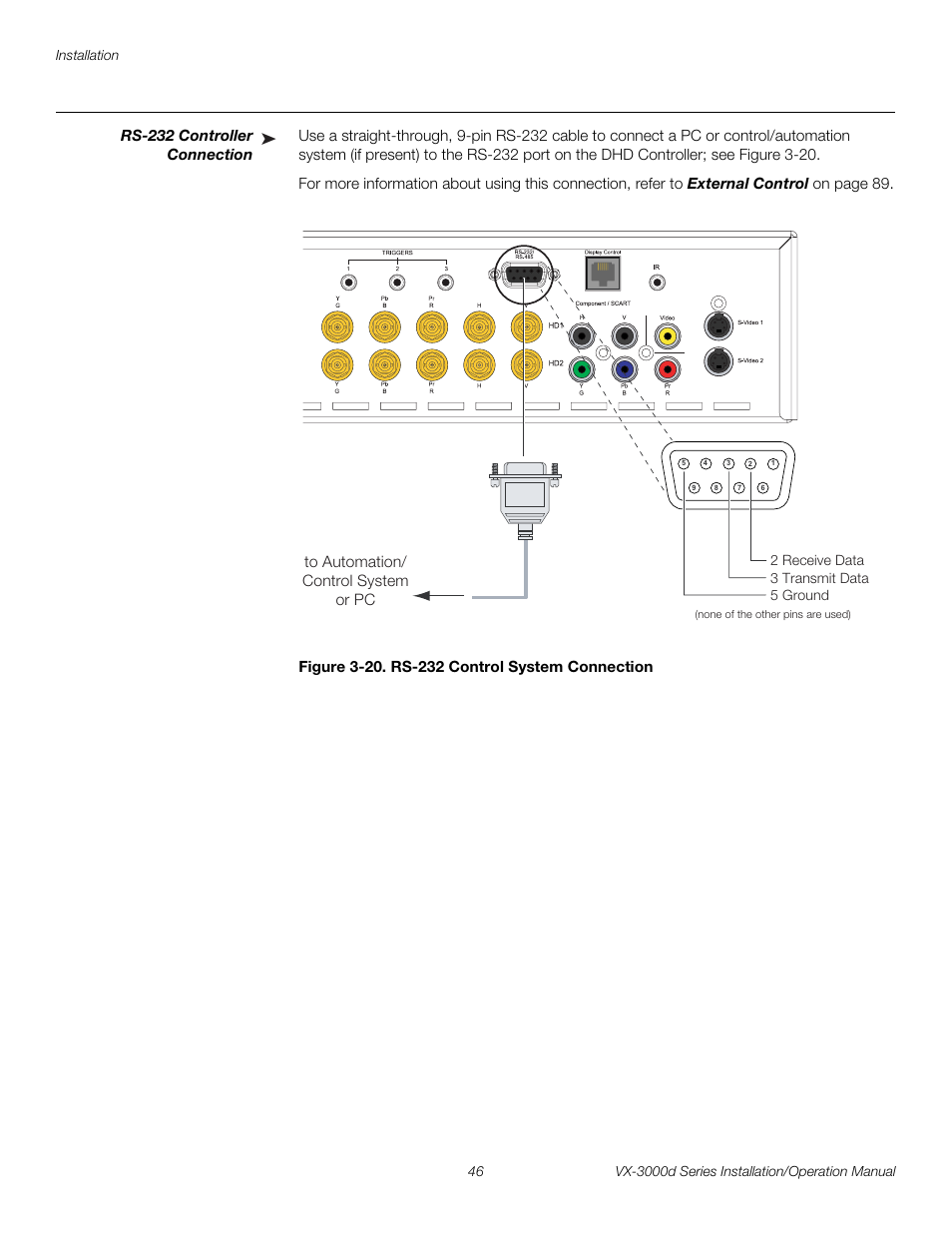 Rs-232 controller connection, Figure 3-20 . rs-232 control system connection, 20. rs-232 control system connection | Pre l iminar y | Runco CINEWIDETM VX-3000D User Manual | Page 62 / 124