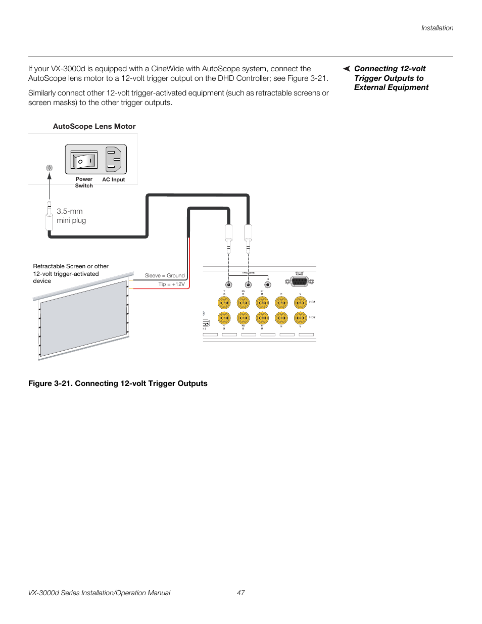 Figure 3-21 . connecting 12-volt trigger outputs, 21. connecting 12-volt trigger outputs, Pre l iminar y | Runco CINEWIDETM VX-3000D User Manual | Page 63 / 124