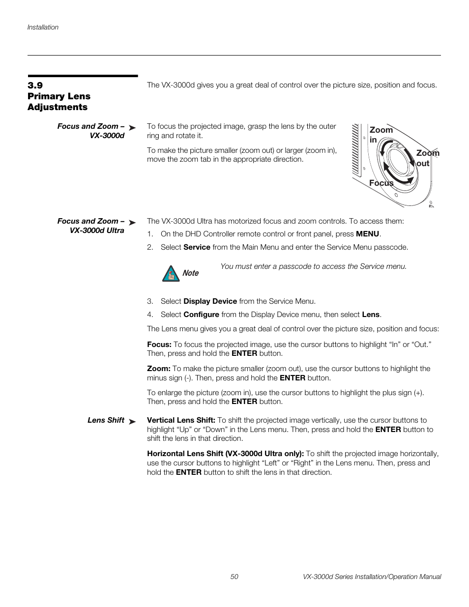 9 primary lens adjustments, Focus and zoom - vx-3000d, Focus and zoom - vx-3000d ultra | Focus, Zoom, Lens shift, Vertical lens shift, Horizontal lens shift (vx-3000d ultra only), Primary lens adjustments, Focus and zoom – vx-3000d | Runco CINEWIDETM VX-3000D User Manual | Page 66 / 124