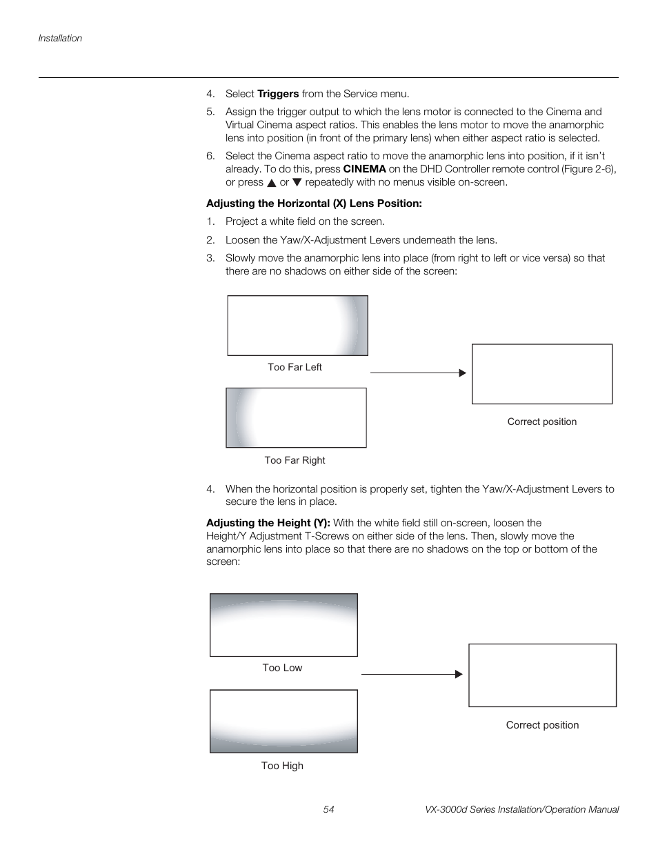 Adjusting the horizontal (x) lens position, Adjusting the height (y), Pre l iminar y | Runco CINEWIDETM VX-3000D User Manual | Page 70 / 124