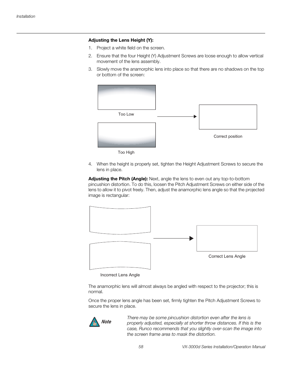 Adjusting the lens height (y), Adjusting the pitch (angle), Pre l iminar y | Runco CINEWIDETM VX-3000D User Manual | Page 74 / 124