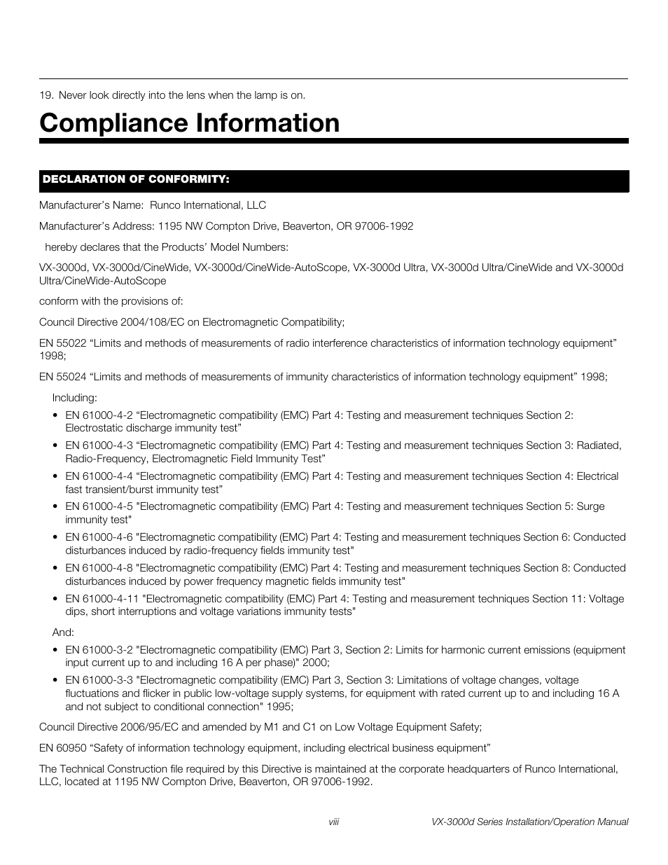 Compliance information, Pre l iminar y | Runco CINEWIDETM VX-3000D User Manual | Page 8 / 124